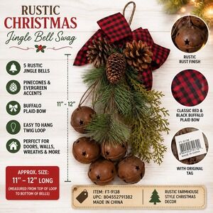Rustic Christmas Jingle Bell Swag Buffalo Plaid Bow Pinecones FT-9138 New